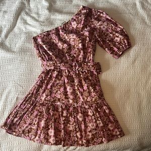 Jason Wu One Shoulder Puff Sleeve Floral Belted Mini Dress Pink Tan